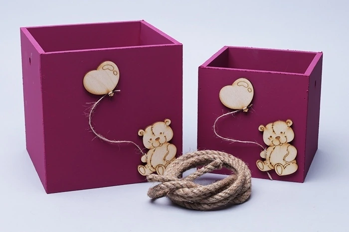 Кашпо из дерева с ручкой набор из 2 шт. "Мишки"